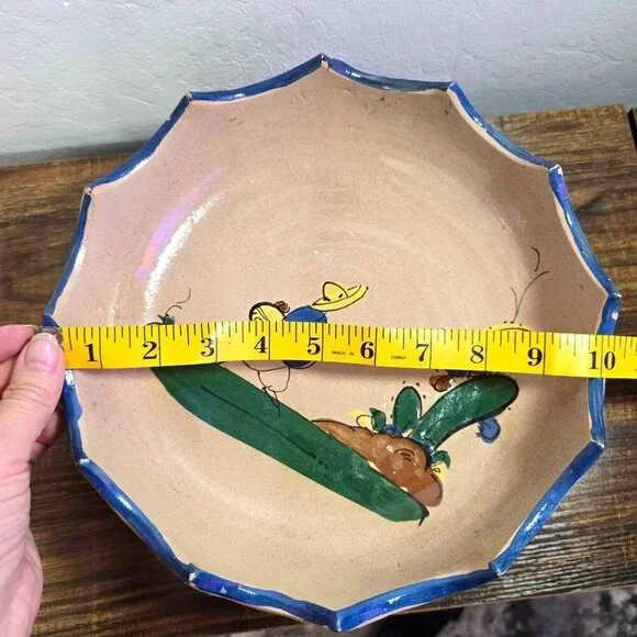 Handmade Mexican Tlaquepaque Ceramic Serving Bowl Painted Bird  Cactus Design - Picture 7 of 12